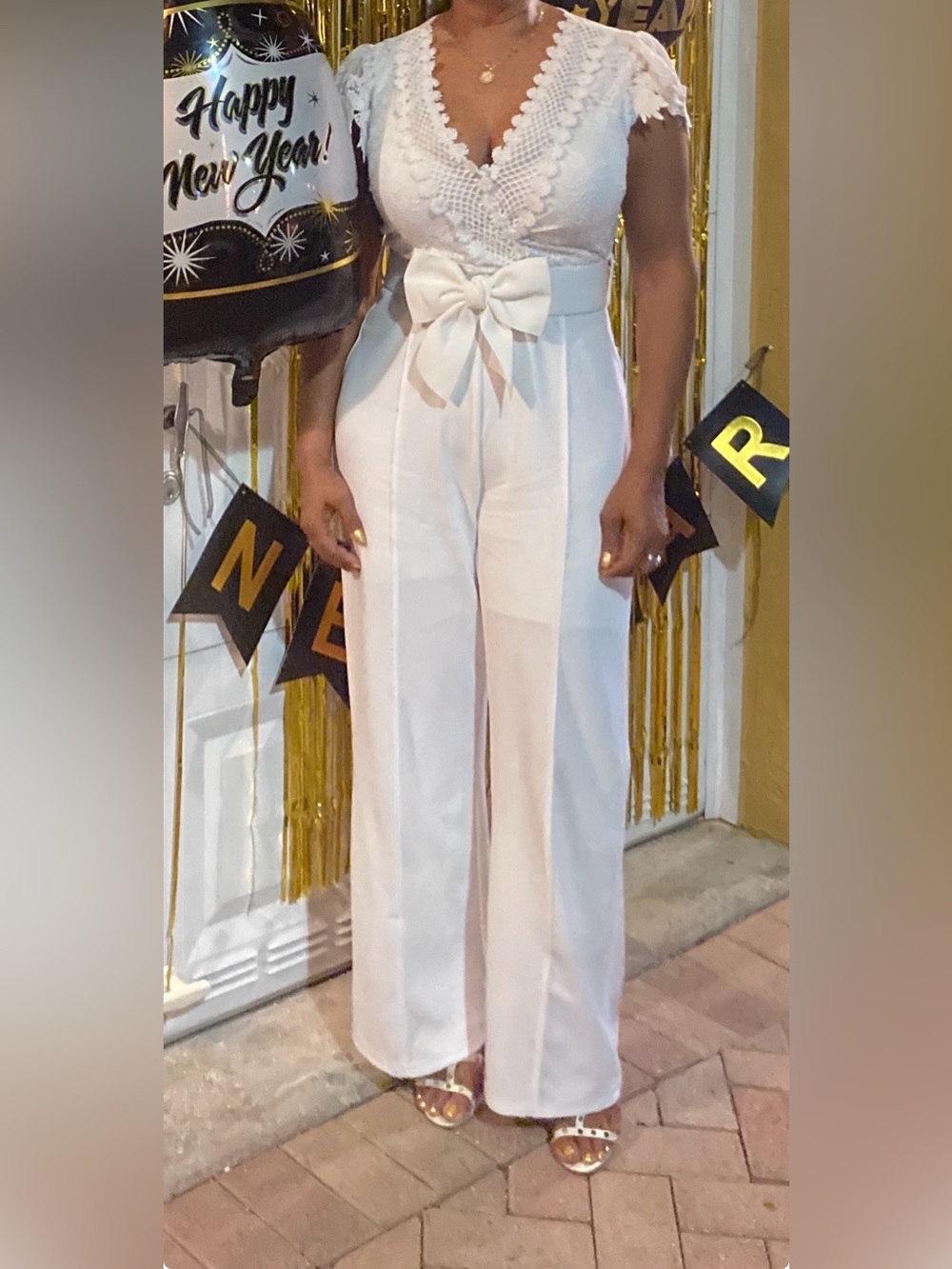 Delicate White Lace-Top V-Neck Bodice Shorts Sleeve Wide Leg Jumpsuit Waist Bow